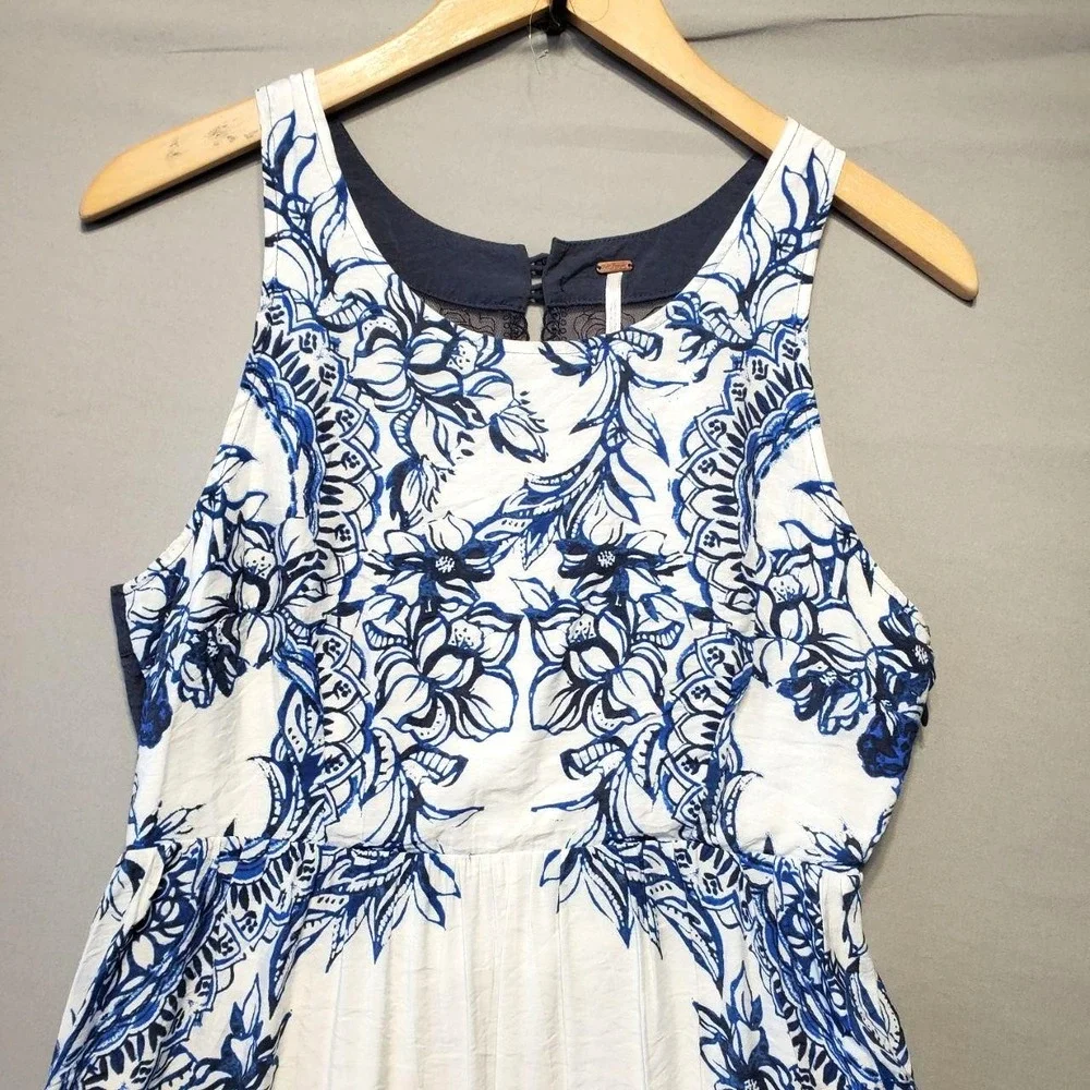 Free People Blue White Toile High Low Dress Lace Back Cottagecore Coastal Boho S